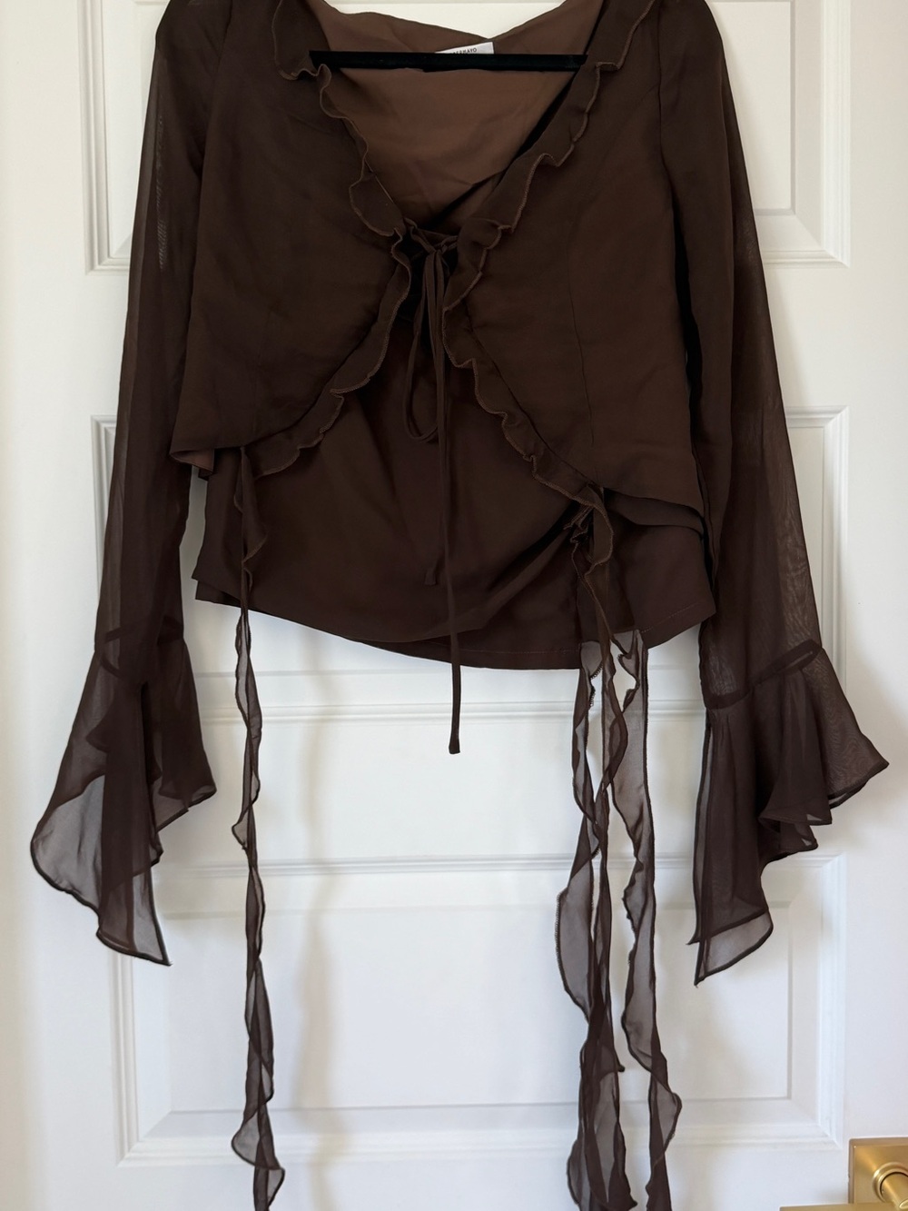 Sheer Ruffle Tie-Front Blouse and skirt set - Brown